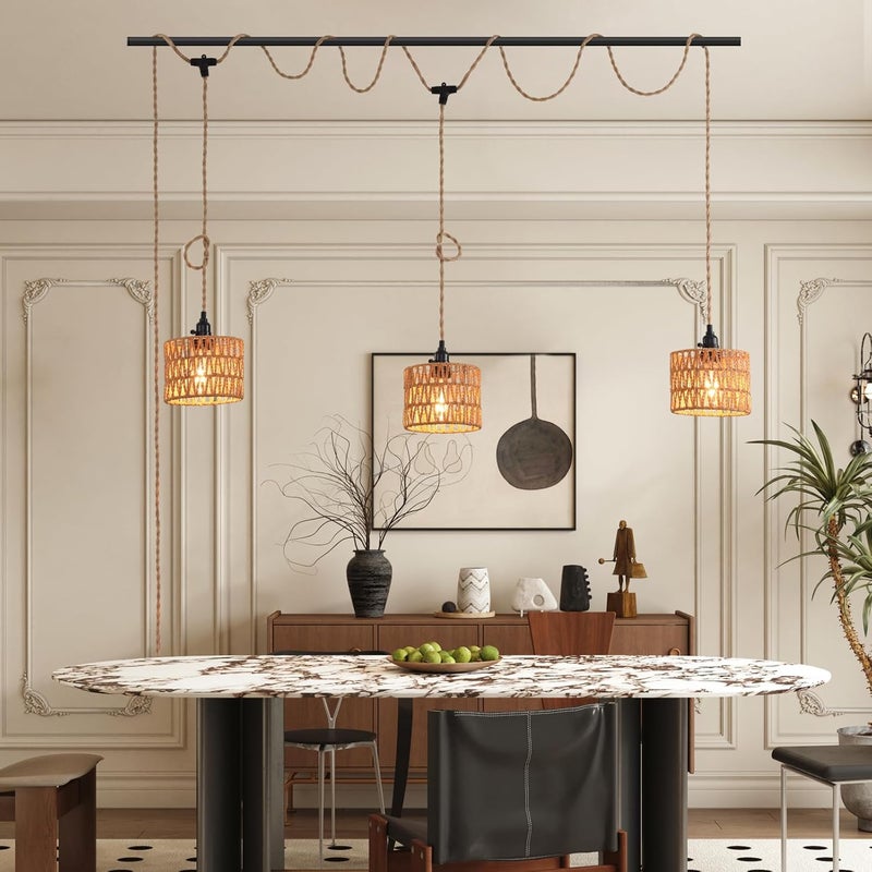 KENMI 3-Light Hanging Light with Plug in Cord,Plug in Pendant Light 22ft Hemp Rope Pendant Lighting Vintage 3-Light Hanging Lamp Fixtures for Kitchen Island Living Room Bedroom - Image 2